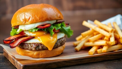 Delicious bacon cheeseburger with crispy french fries on a wooden board