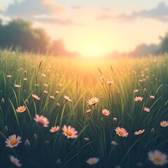 Anime-style quiet meadow with glowing flowers swaying in soft dawn breeze.