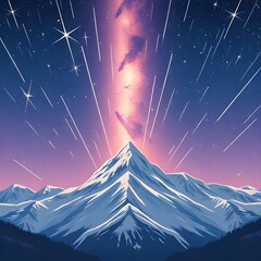 Anime-style shooting stars streaking above snowy mountain peaks.