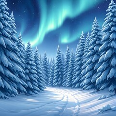 Anime-style snow-covered pine forest with glowing aurora above.