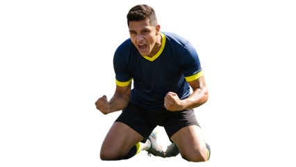 Goal Celebration: An athlete, clad in athletic wear, exults on bended knee, fists clenched, in a moment of triumph and pure exhilaration, celebrating a hard-earned victory.