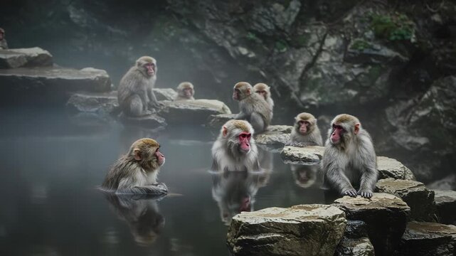 Japanese macaques bathing in a hot spring during winter in japan