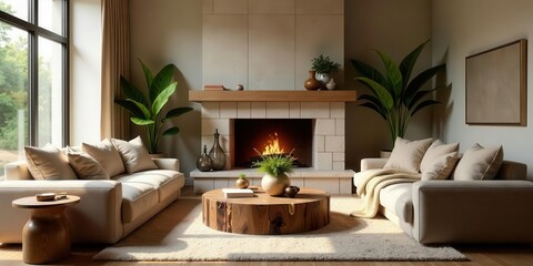 Serene Living Room with Cozy Fireplace and Natural Light