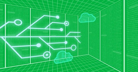 Animation of neon shapes with data processing over cloud icons on transparent background - Powered by Adobe