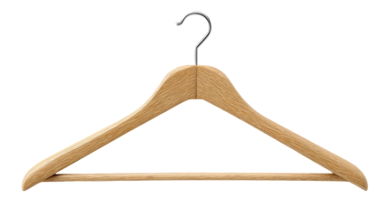Light-colored wooden coat hanger with a metal hook