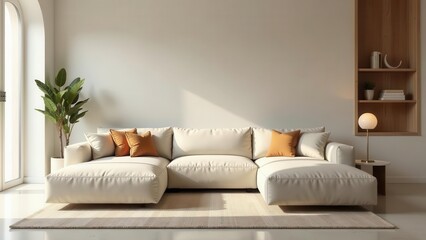 Serene living room interior design featuring a modern sectional sofa with warm-toned cushions, a minimalist side table, a stylish floor lamp, and a potted plant, all bathed in soft natural light