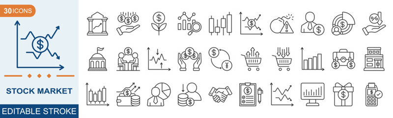 Stock Market icon set. Financial goal, shares, investment, bull market, bear market, investment, and more. editable stroke. Vector illustration eps 10