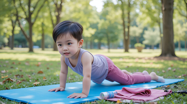 Asian child stretching forward on blue yoga mat in park with pink mat and water bottle - Powered by Adobe