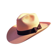 Detailed  shot features a stylish, elegant fedora hat with a black ribbon band and a matching bow tie on a solid black backdrop, showing the delicate texture and intricate design of the hat in...