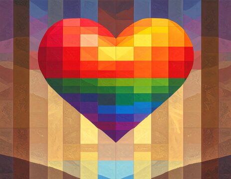 A pixelated heart in bright rainbow colors - Powered by Adobe