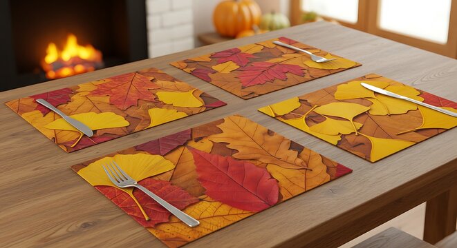 Cozy autumn dining table setting with vibrant leaf placemats and a warm fireplace ambiance.