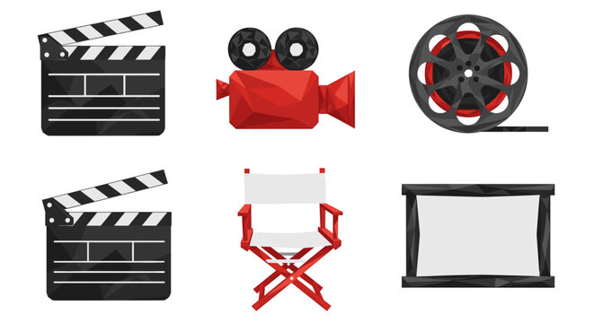 Illustration of movie clapperboards camera film reel director chair and screen