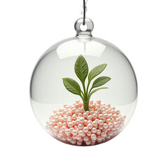 A clear glass orb, suspended by a chain, encapsulates a small green plant growing out of a bed of pink pearls, creating an unusual yet visually appealing and delicate composition with a striking,...