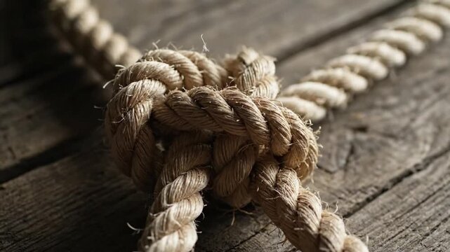 strong braided rope knot on weathered wooden surface
