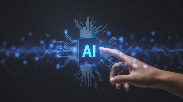 Futuristic AI chip technology interface activated by a human finger, symbolizing digital innovation and future progress in a dynamic blue glow.