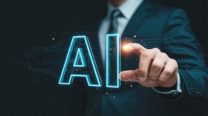 Man's hand activating glowing AI digital interface with futuristic circuit board elements and subtle bokeh lights