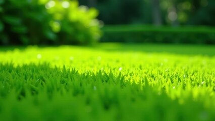 Naklejka premium Vibrant Green Grass Blades Basking in Sunlight, a Close-Up View of Lush Greenery in a Garden Setting