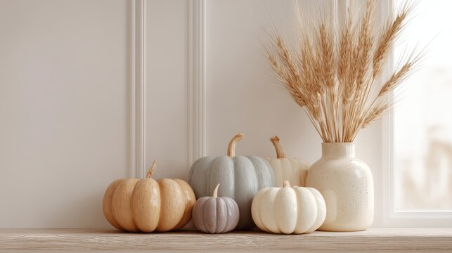 Halloween concept shows Autumn decor featuring decorative pumpkins and dried wheat in a stylish interior setting.