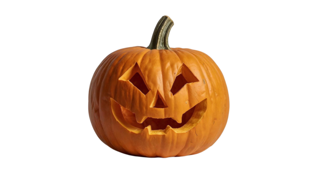 a carved Halloween pumpkin (Jack-o'-lantern) placed on a plain white background