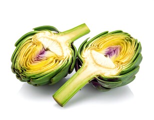 Two halves of artichoke, cut open, showing interior