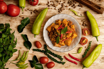 Vibrant thai curry dish surrounded by fresh ingredients on a wooden table