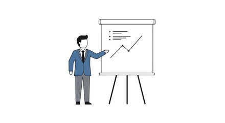 Business Presentation Illustration Featuring a Man Pointing to a Growing Graph on a Whiteboard, Ideal for Demonstrating Business Growth, Strategy, and Data Analysis.