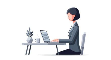 Isolated Illustration of a Young Woman Working on a Laptop at Her Desk for Remote Work or Online Education Purposes in a Home Office Setting.