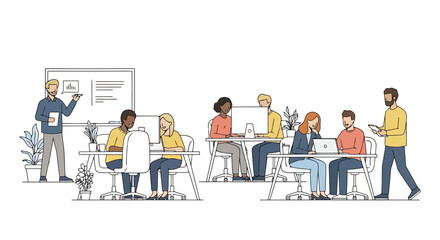 Diverse Team Collaboration in a Modern Office Space, Ideal for Illustrating Workplace Dynamics and Teamwork in Corporate Presentations and Training Materials