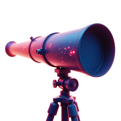 Detailed illustration depicts a large, sophisticated telescope poised on a tripod, illuminated with vibrant gradients of pink and blue light, suggesting a focus on celestial observation against a...