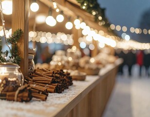 Traditional Christmas Market Stall with Festive Lights and Ornaments
