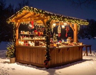 Traditional Christmas Market Stall with Festive Lights and Ornaments

