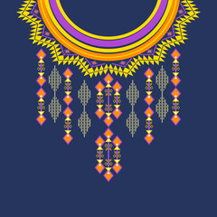 Purple and yellow ethnic boho ornament neckline design pattern. Boho shirt style. Vector illustration. Vector necklace pattern. Shirt or blouse design border. Collar design.