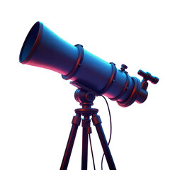 Detailed depiction showcases a long telescope with intricate designs, positioned on a stable tripod, illuminated dramatically with gradient colors ranging from blue to violet and red, creating a...
