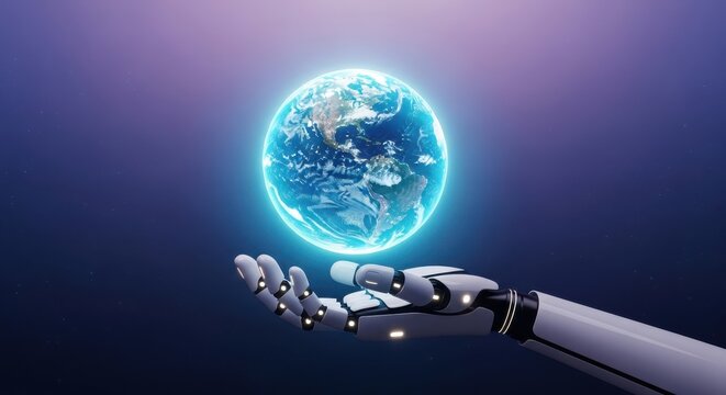 Robotic hand holding glowing earth symbolizing future technology and global connectivity
