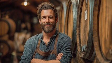 Posing in the cellar with wine barrels is a competent winery employee.