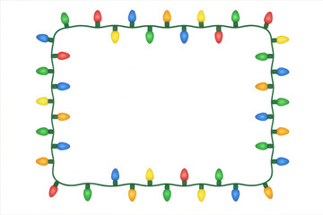 Christmas string light border framing festive holiday decorations, colorful light bulbs on a transparent background