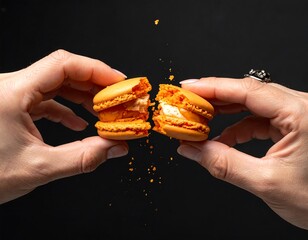Two hands hold a broken orange macaron, crumbs spray