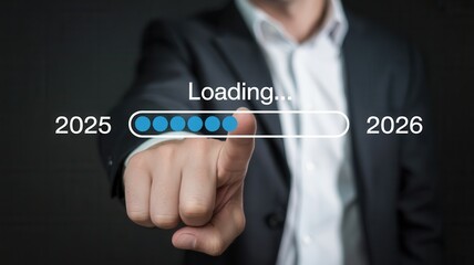 Businessman initiates transition from 2025 to 2026, symbolizing progress and future readiness with a loading bar interface.