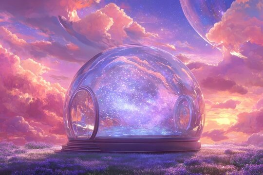 Magical Glass Dome Structure At Sunset With Pink Clouds