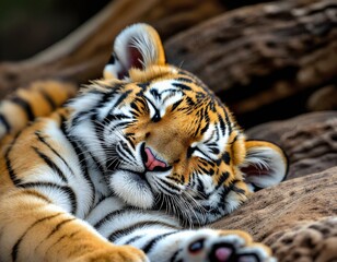 A close-up of a sleeping tiger cub with its eyes closed and its mouth open, resting on a rocky surface