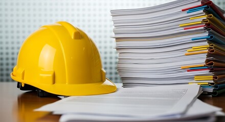 Yellow hard hat and stacked documents safety helmet