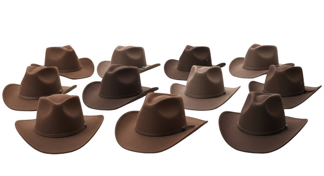Collection of brown western cowboy hats isolated on white background featuring hat, hats, cowboy, western, headwear