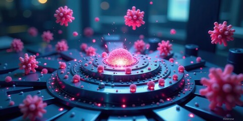 Fototapeta premium Microscopic Entities Interact on a Futuristic Circular Platform, Illuminated with Vibrant Pink and Blue Hues