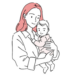 優しい母親と赤ちゃんの線画イラスト,育児,子育て,親子の愛情