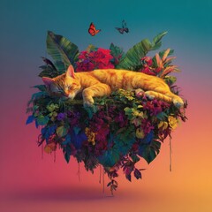 Ginger cat resting amidst vibrant flora and fauna.