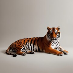Fototapeta premium High-quality 4K wallpaper of a graceful tiger lounging calmly with striking orange and black stripes, set against a soft gray minimalist background with elegant details. 