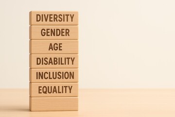 Wooden blocks representing diversity, gender, age, disability, inclusion, and equality concepts