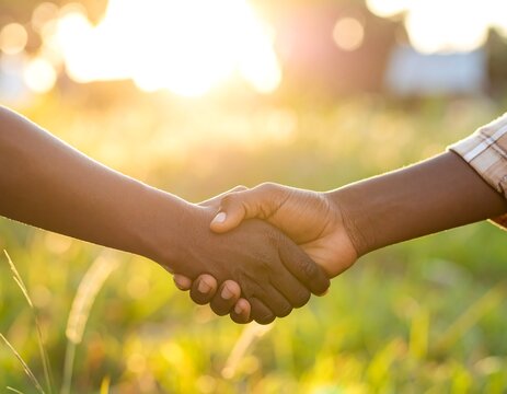 Two hands shaking in a field at sunset