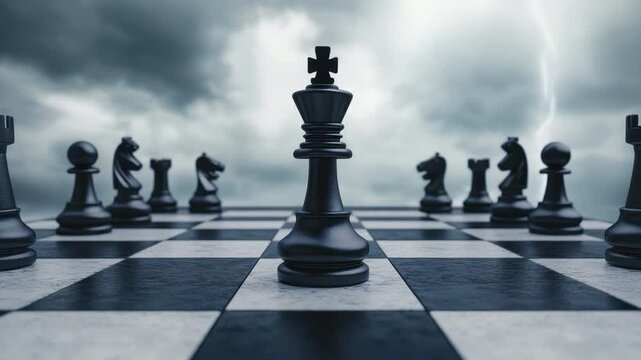 Dramatic Chess Game Under Thunderstorm Sky with Dark Clouds and Lightning Striking Over the Empty Checkered Board 4k video footage