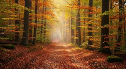 Enchanting autumn forest pathway bathed in golden sunlight and fallen leaves